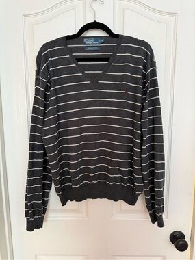 Ralph Lauren Charcoal and Cream Striped V-Neck Sweater